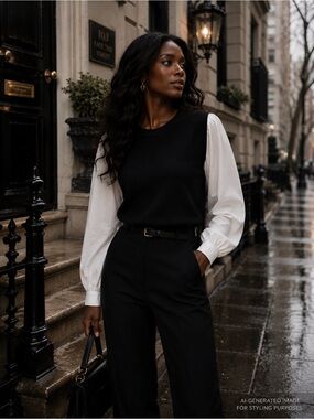 Karl Lagerfeld Paris L Black Sweater Vest Blouse Quiet Luxury Office Chic NWT